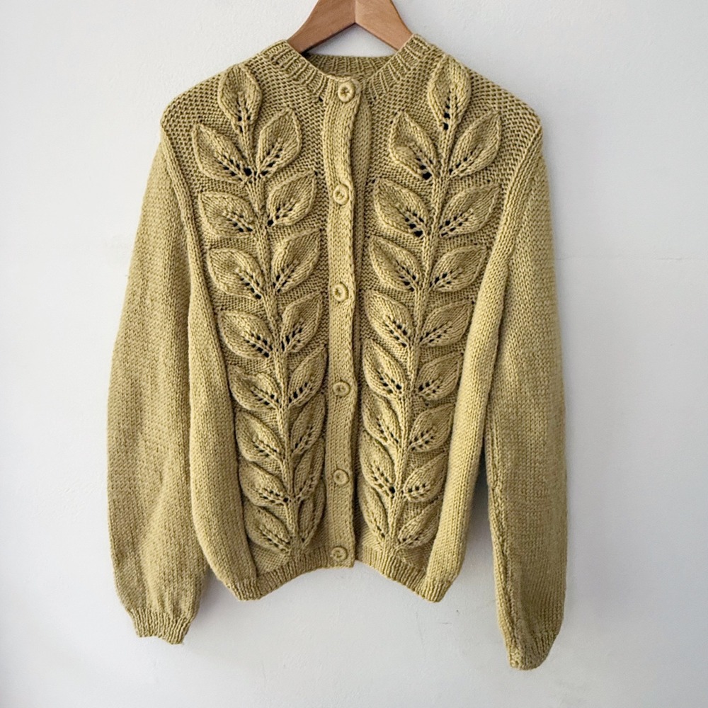 Hand Knit Cardigan Sweater Women Leaf Pattern Chunky Cottagecore Boho Retro Twee